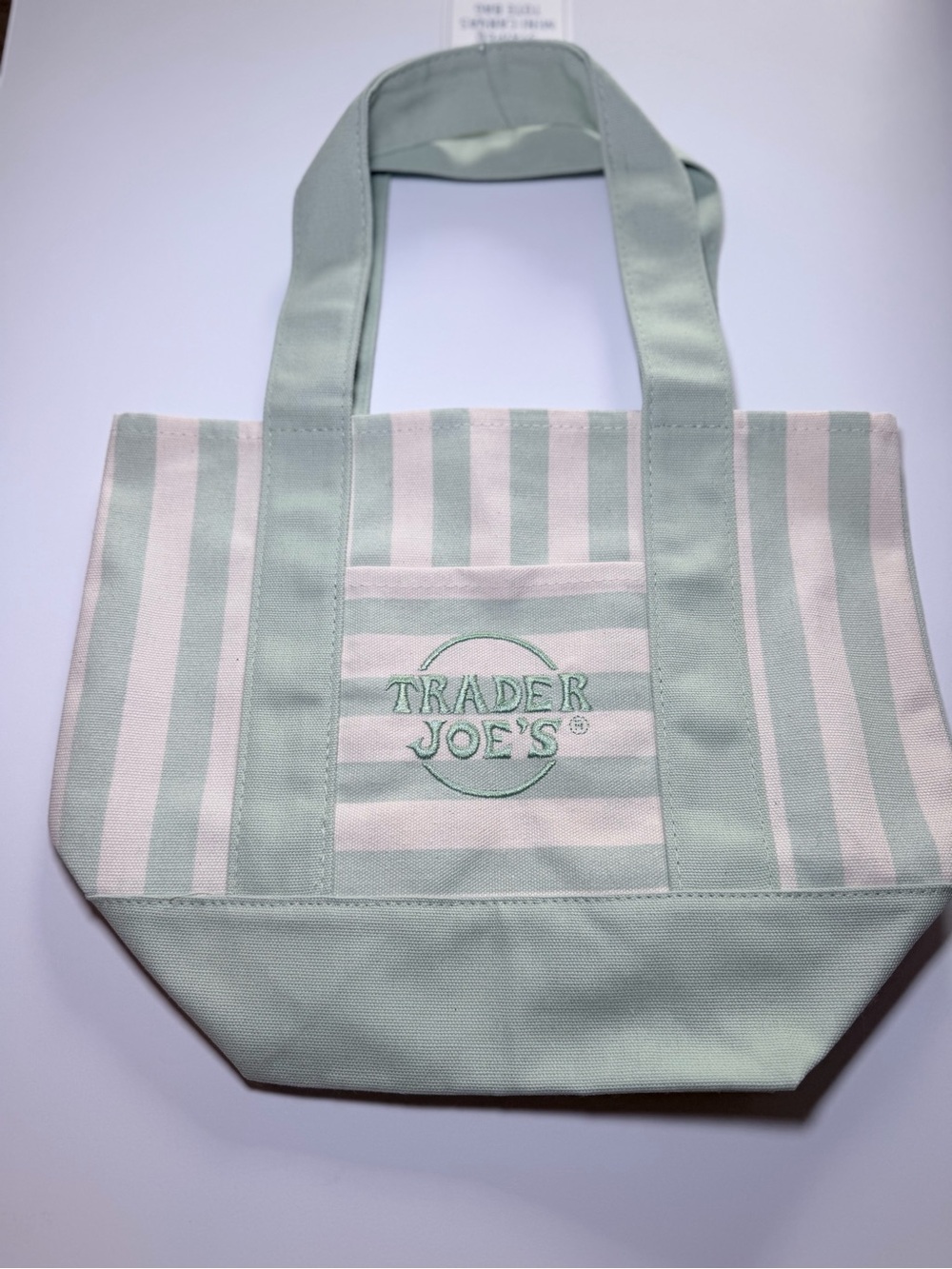 NWT Trader Joe’s Mint Green Stripe Canvas Tote Bag